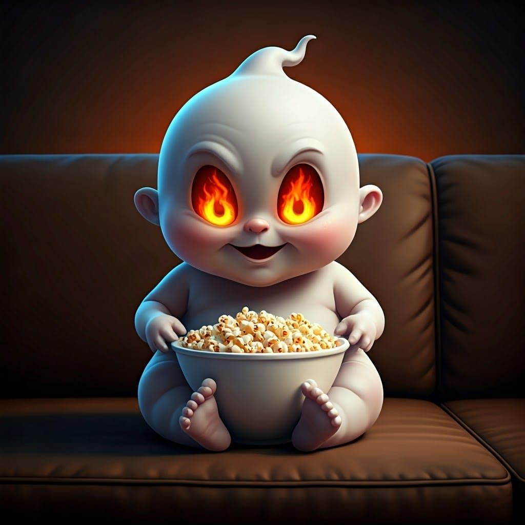 Cute Evil White Ghost with Popcorn