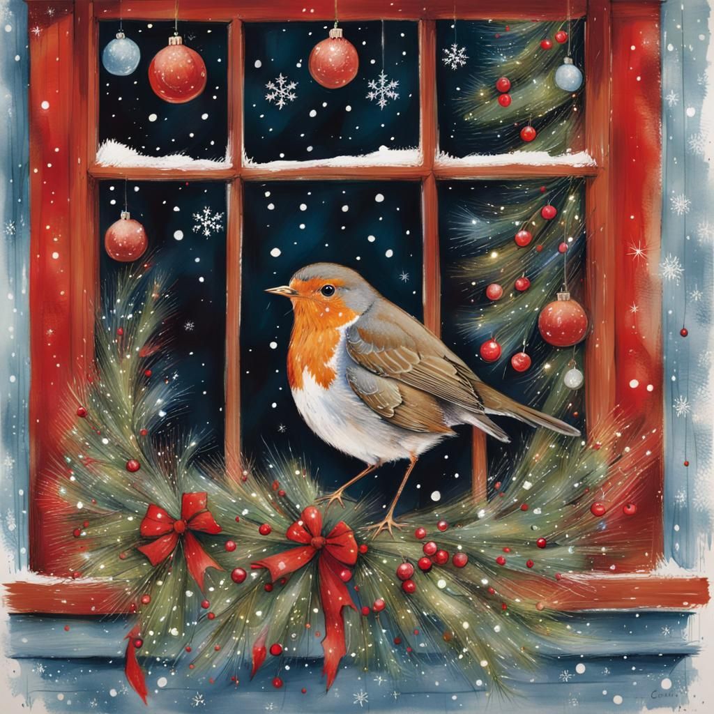 Robin in Christmas Window, Mixed Media Art