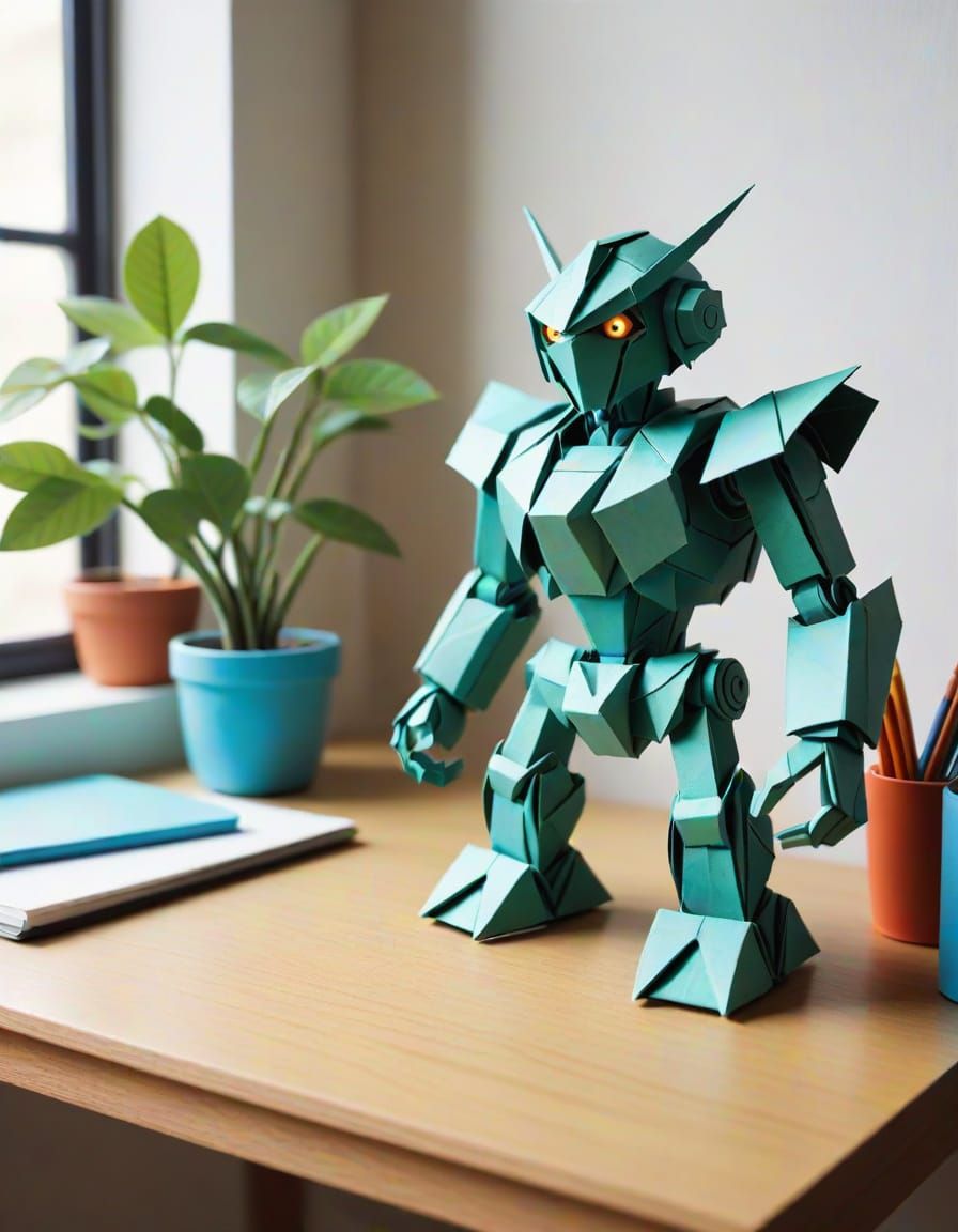 Detailed Origami Robot in Child's Room, Kirigami Style
