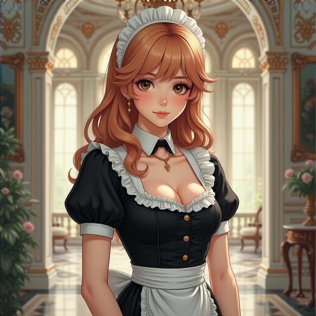Maid in Elegant Mansion Setting with Soft Lighting