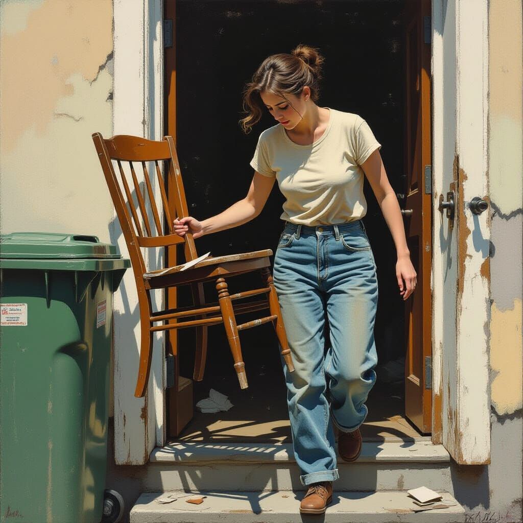Woman Carrying Broken Chair: Melancholic Realism