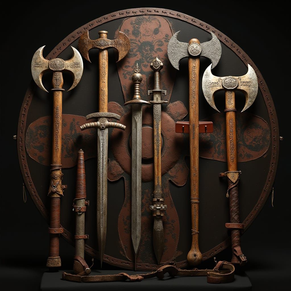 Viking Warrior Equipment Still Life with Runic Inscriptions