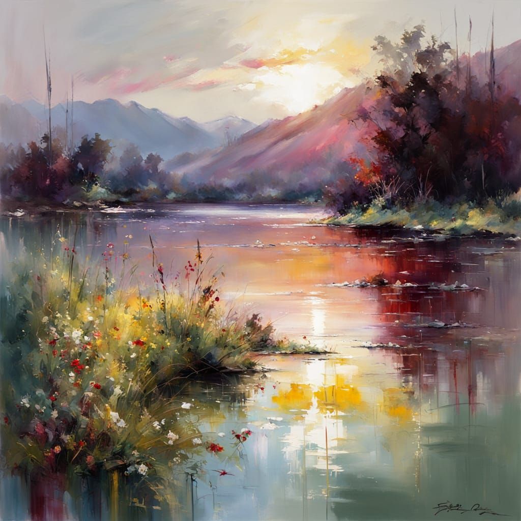 summer landscape at dawn ,lake with reflections