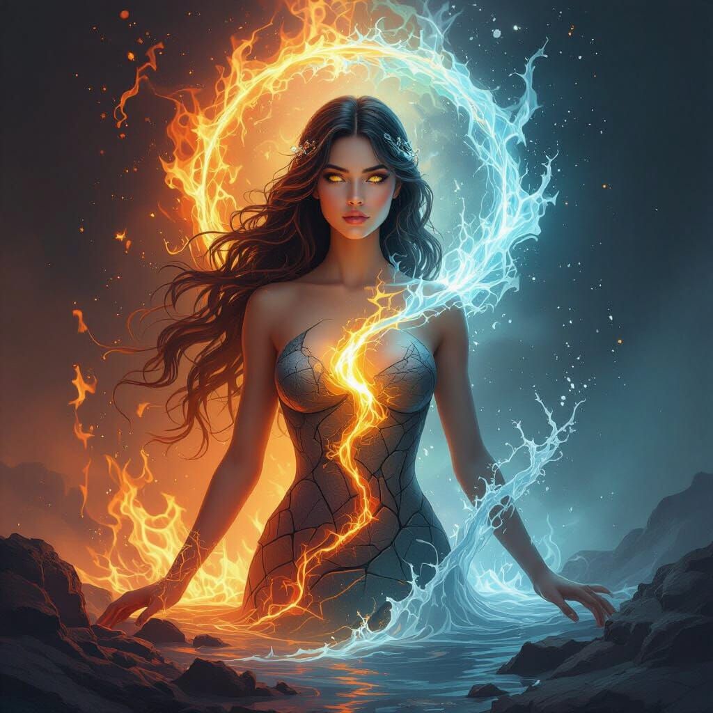 Ethereal Woman Embodies Four Elements