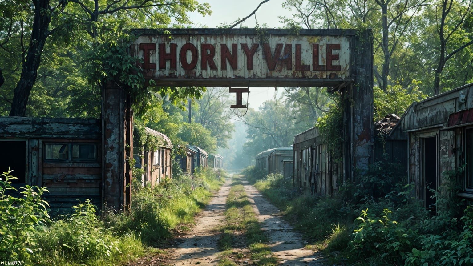 Dilapidated Entrance to Thornyvale Trailer Park in Eerie Atm...