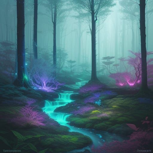 Surreal Bioluminescent Forest Radiates Ethereal Magic