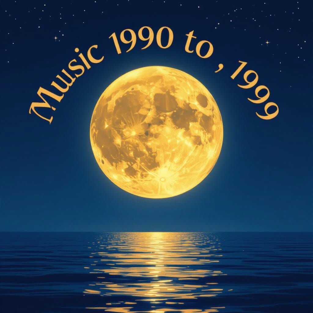Giant Yellow Moon Over Ocean With 90s Music Text