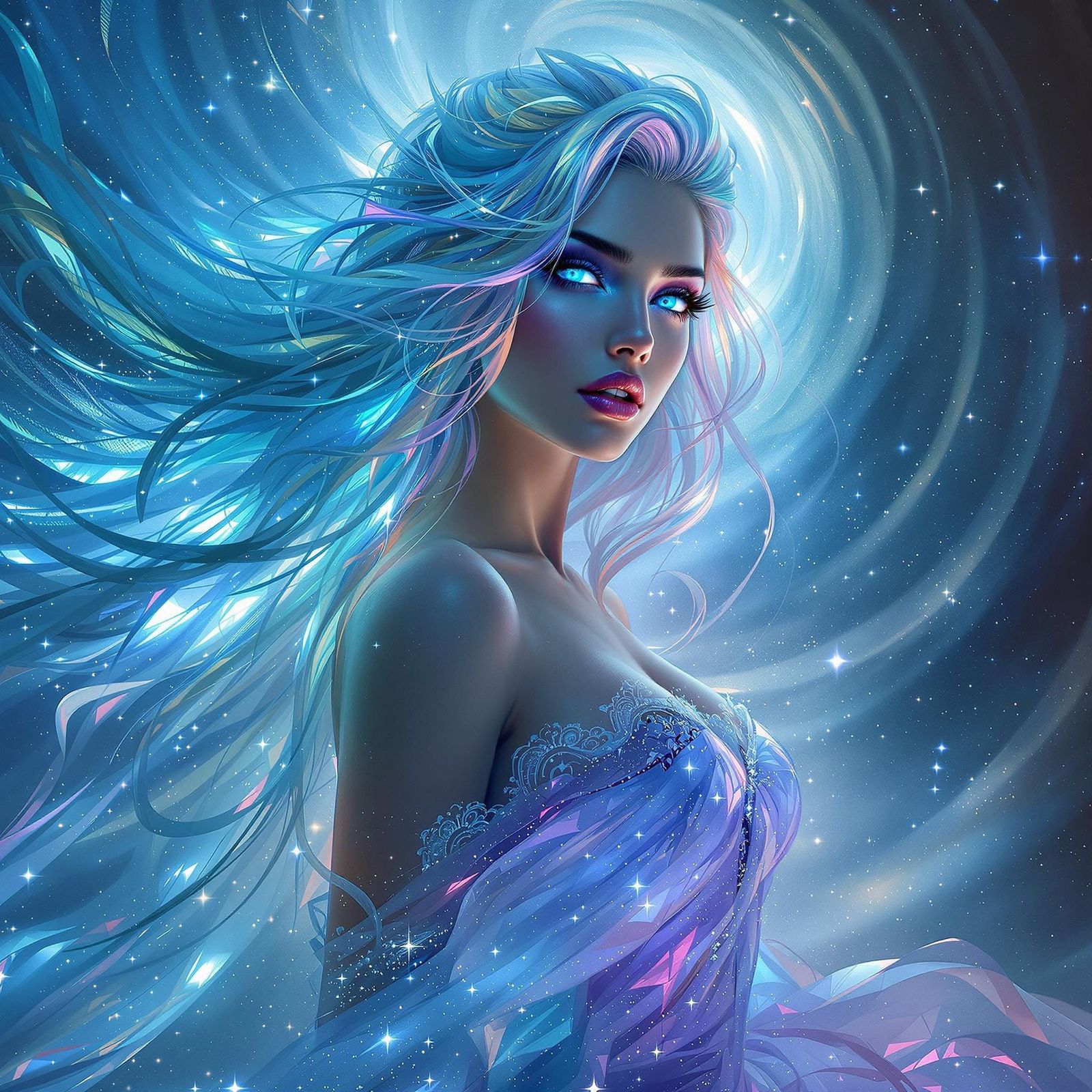 Ethereal Goddess with Neon Hair and Glowing Eyes