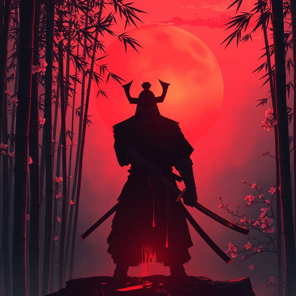Samurai Silhouette at Sunset in Japanese Ink Style