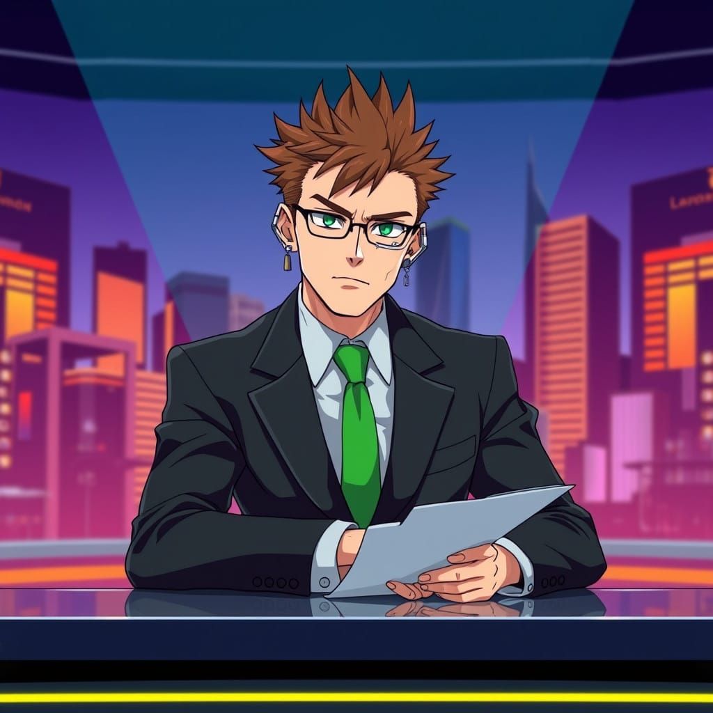 Cyberpunk News Anchor with Anime-Inspired Style