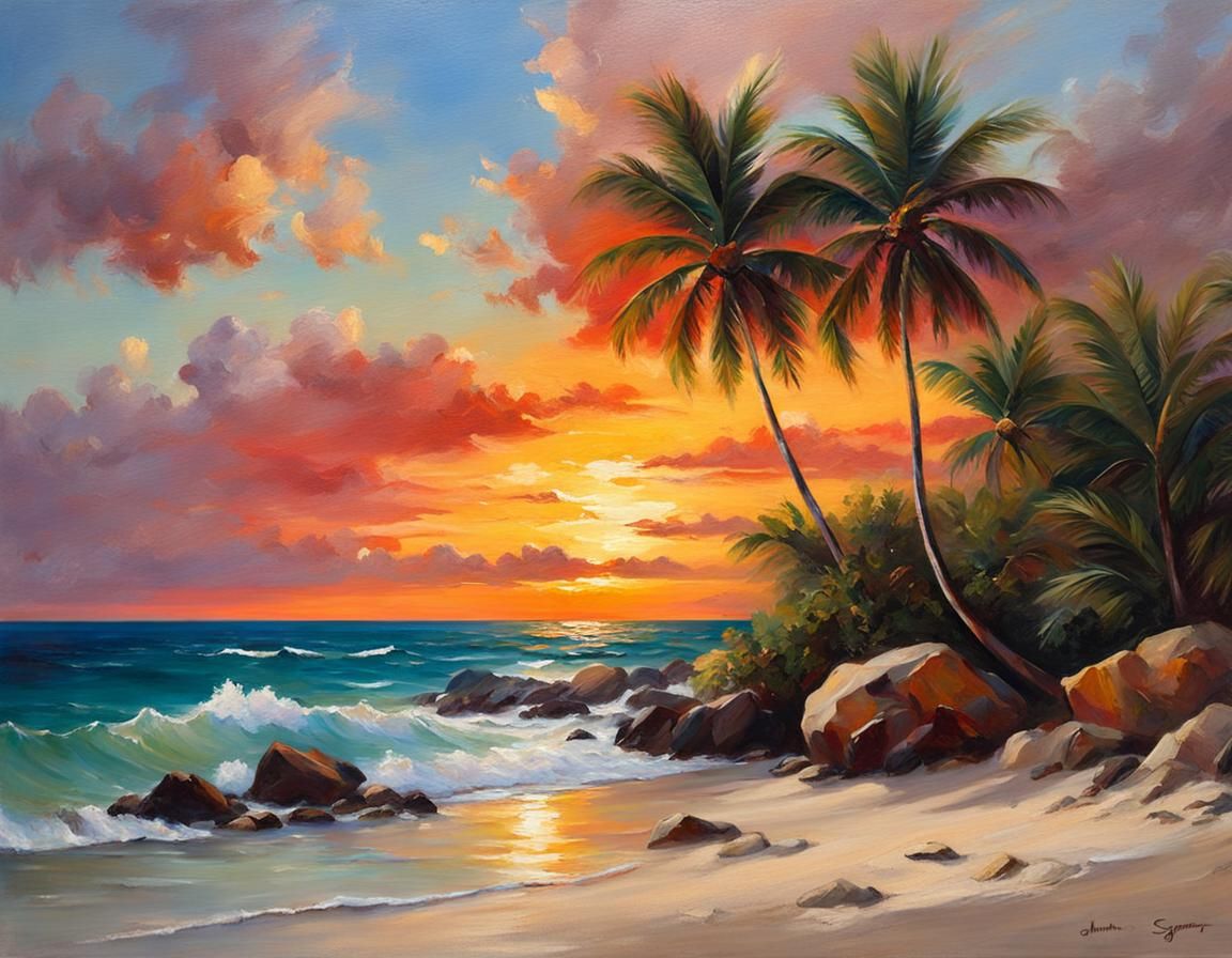 Caribbean Sunset Seascape in Oil Painting Style