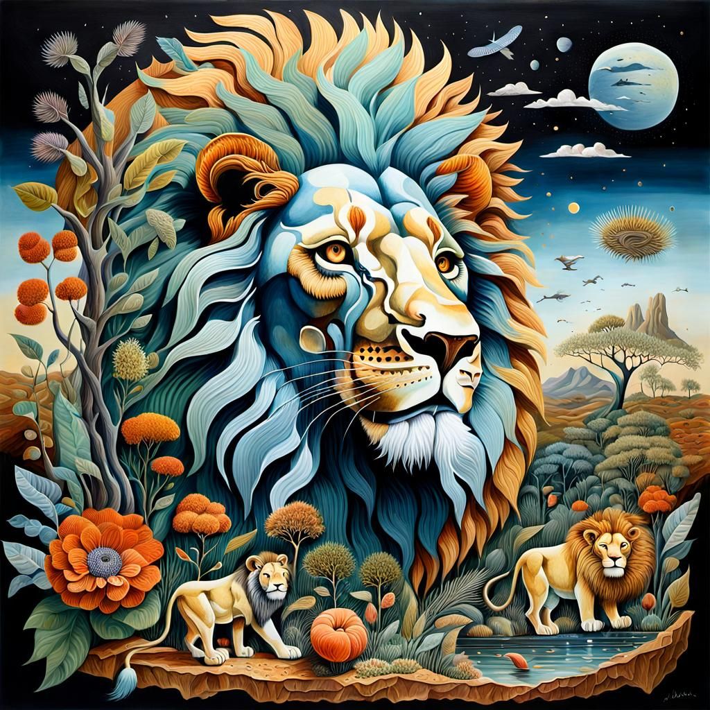 Surreal Lion in Dreamscape Collage