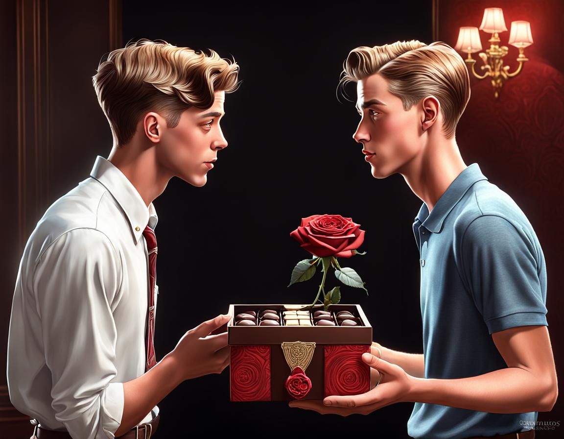 Sweet Gesture: Shy Boy's Gift in Rockwell Style