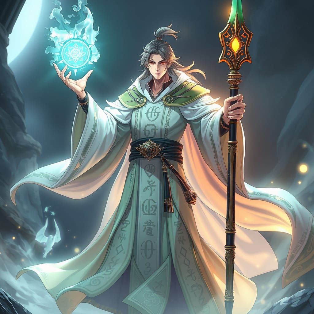 Luminescent Mage with Amulet in Fantasy Setting