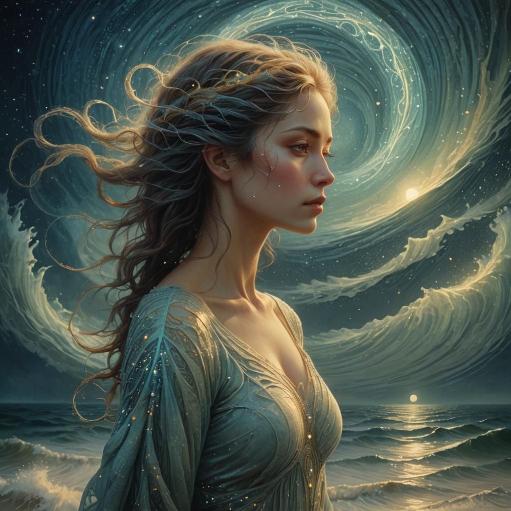 Mystical Woman Amidst Spiraling Waves: Ethereal Fantasy Art