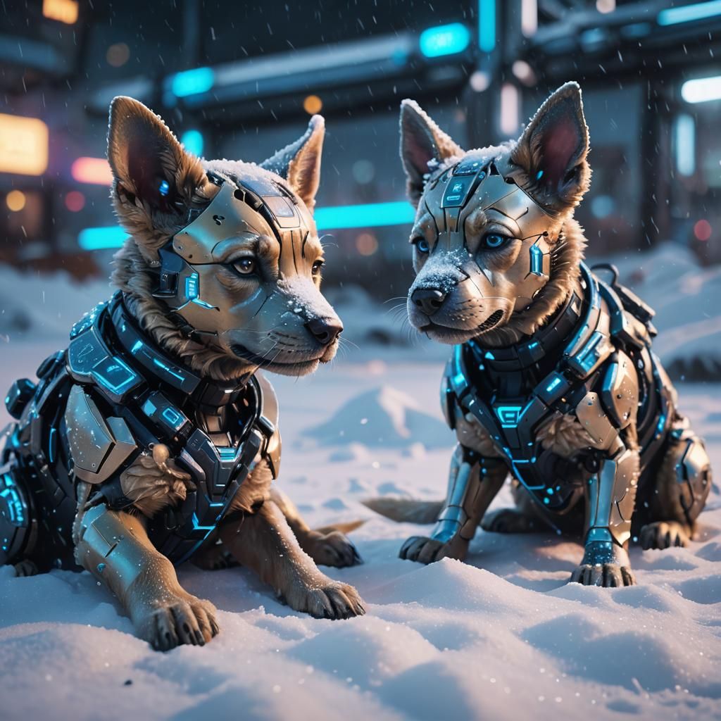 Cyberpunk Puppies Cuddling in Neon Snowscape