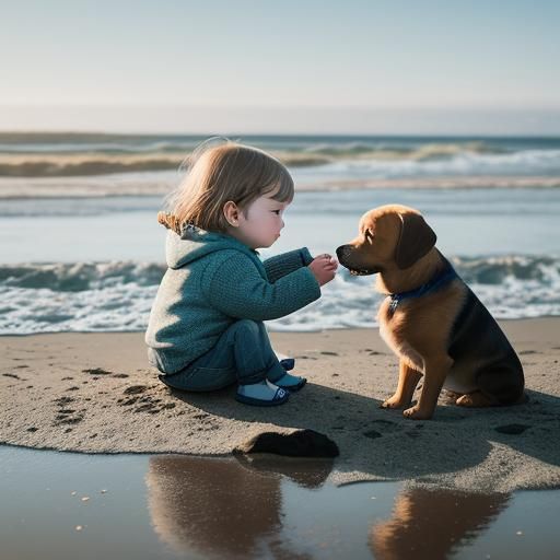 A realistic photograph of a child and dog sitting on the beach in Cornwall