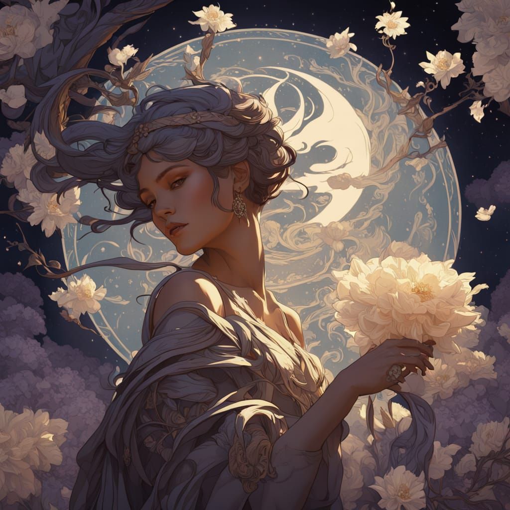 Moon Goddess with Dragon: Dark Fantasy Art