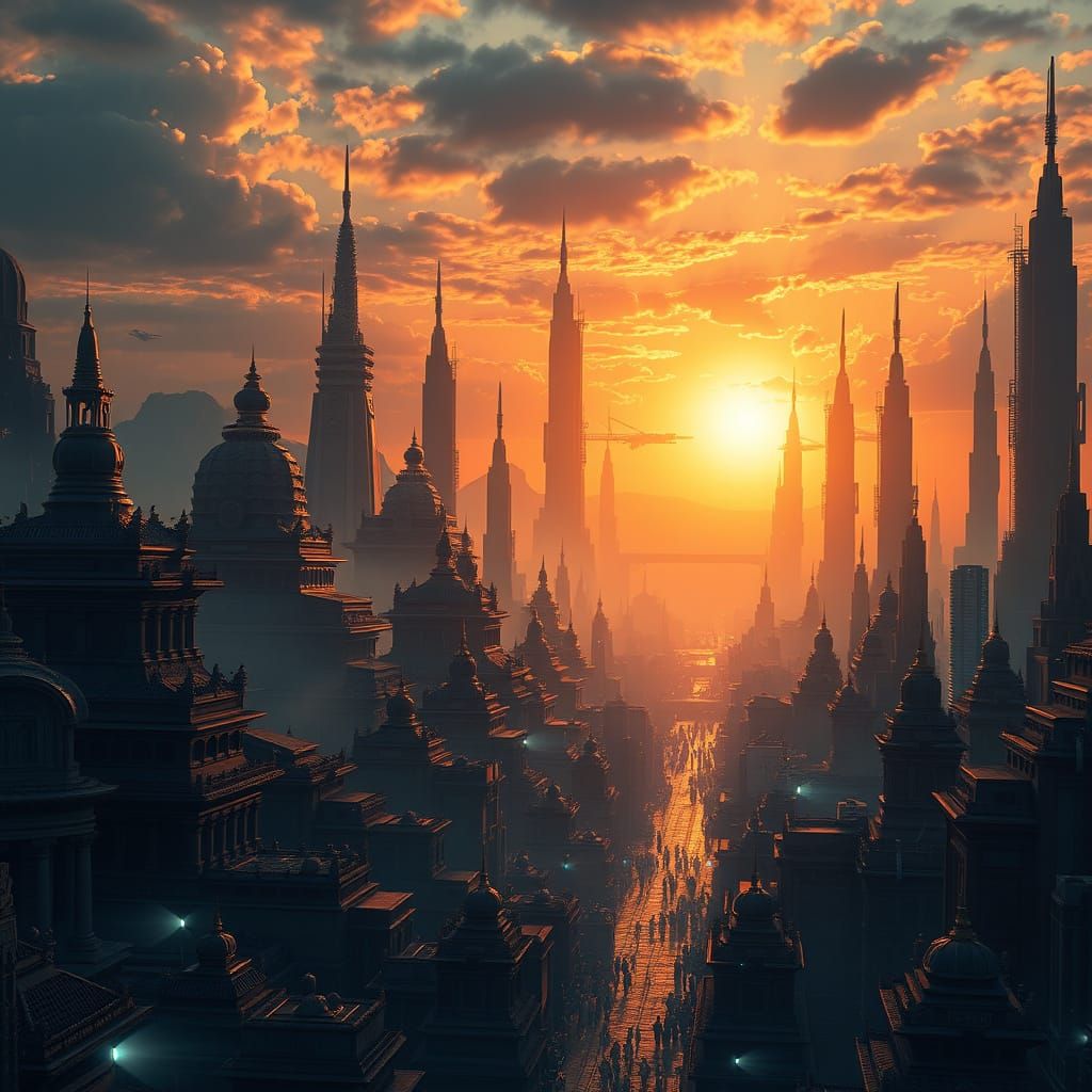 Cityscape Fusion: Temples Meet Future in Sunset Glow