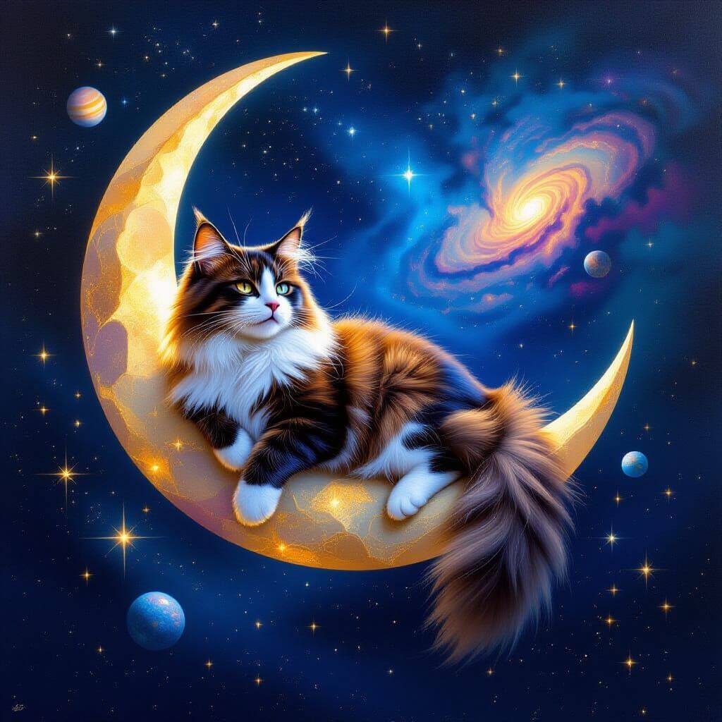 Cosmic Cat on Moon Amidst Galaxies