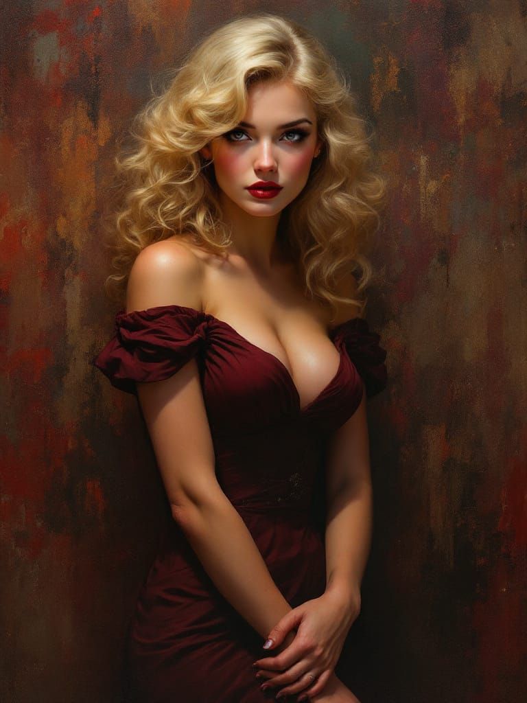 1950s Pin-Up Woman in Maroon Dress