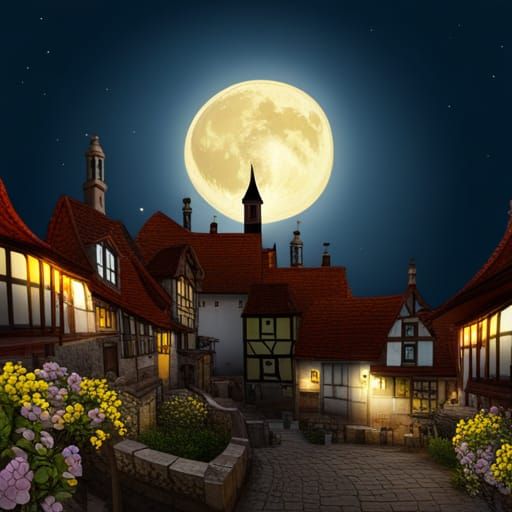 Moonlit Bohemian Village with Witches and Ghosts