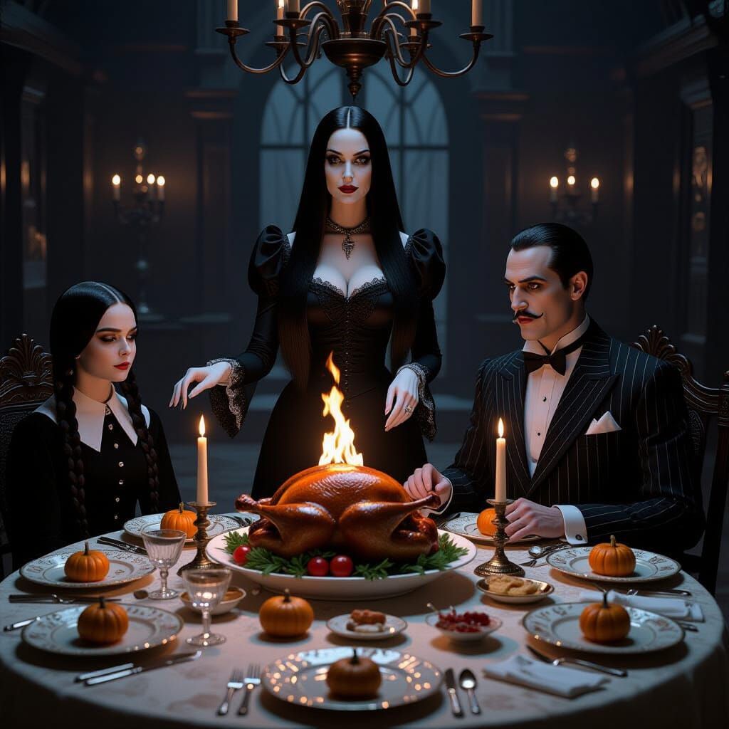 Gothic Addams Family Thanksgiving Dinner with Flaming Turkey