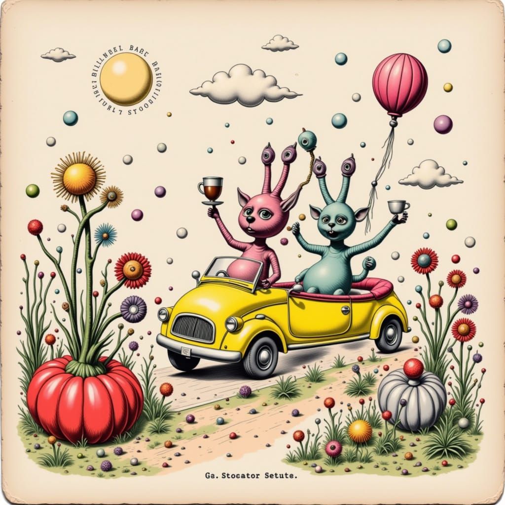 <lora:Fluxie Pets:1.0> <lora:Shvara:1.0> <lora:Gila:1.0> hairy creatures having coffee in the convertible. Quirky postca...