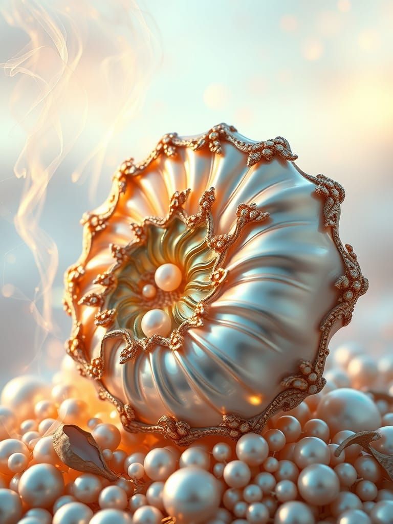 Hyper-Realistic Nautilus Shell Sculpture with Pearls and Iri...