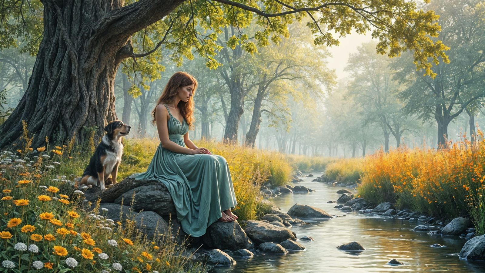 Woman and Dog by Stream in Bilibin Style