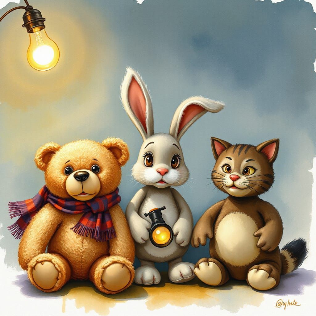 Plush Toys Plotting Pranks Under Old Bulb