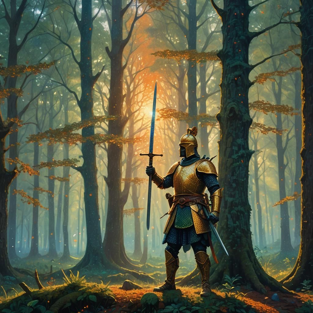 Mystical Forest Warrior in Pointillism Style