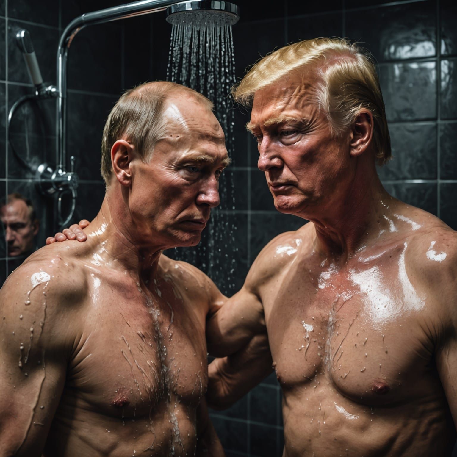 Hyperrealistic Portrait of Trump and Putin in a Steamy Showe...