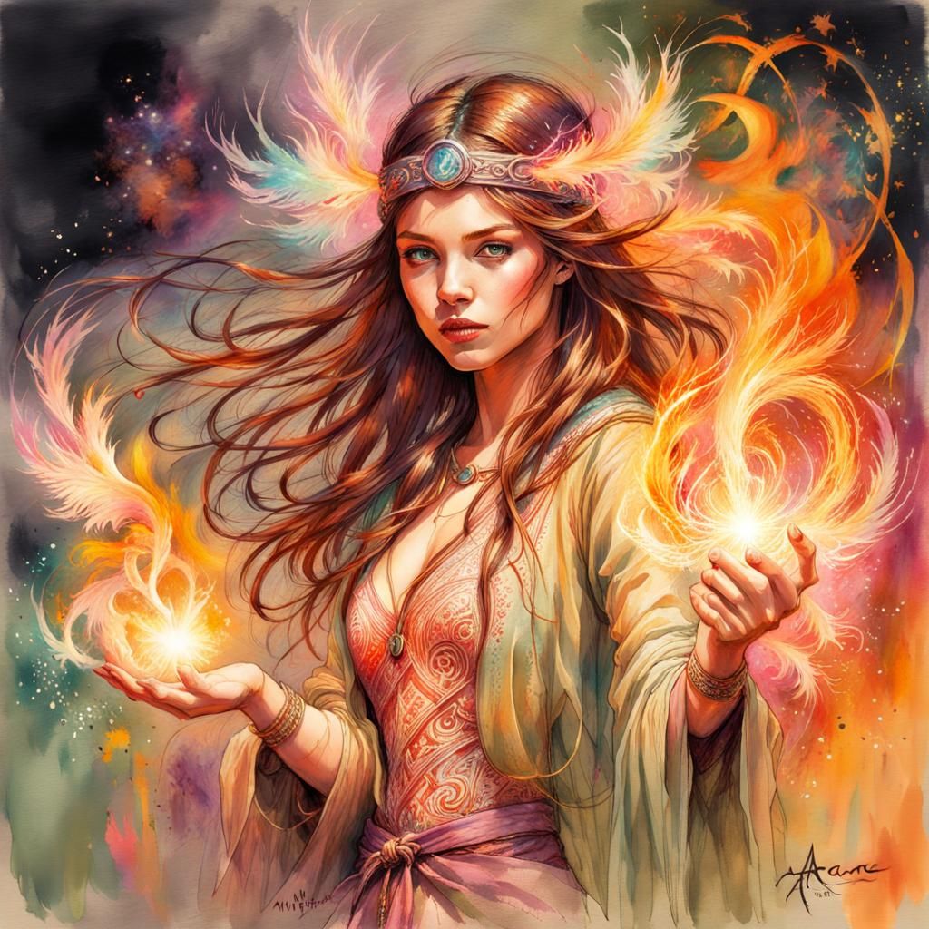 Magical Sorceress Girl Casting Fire Spell in Pastel