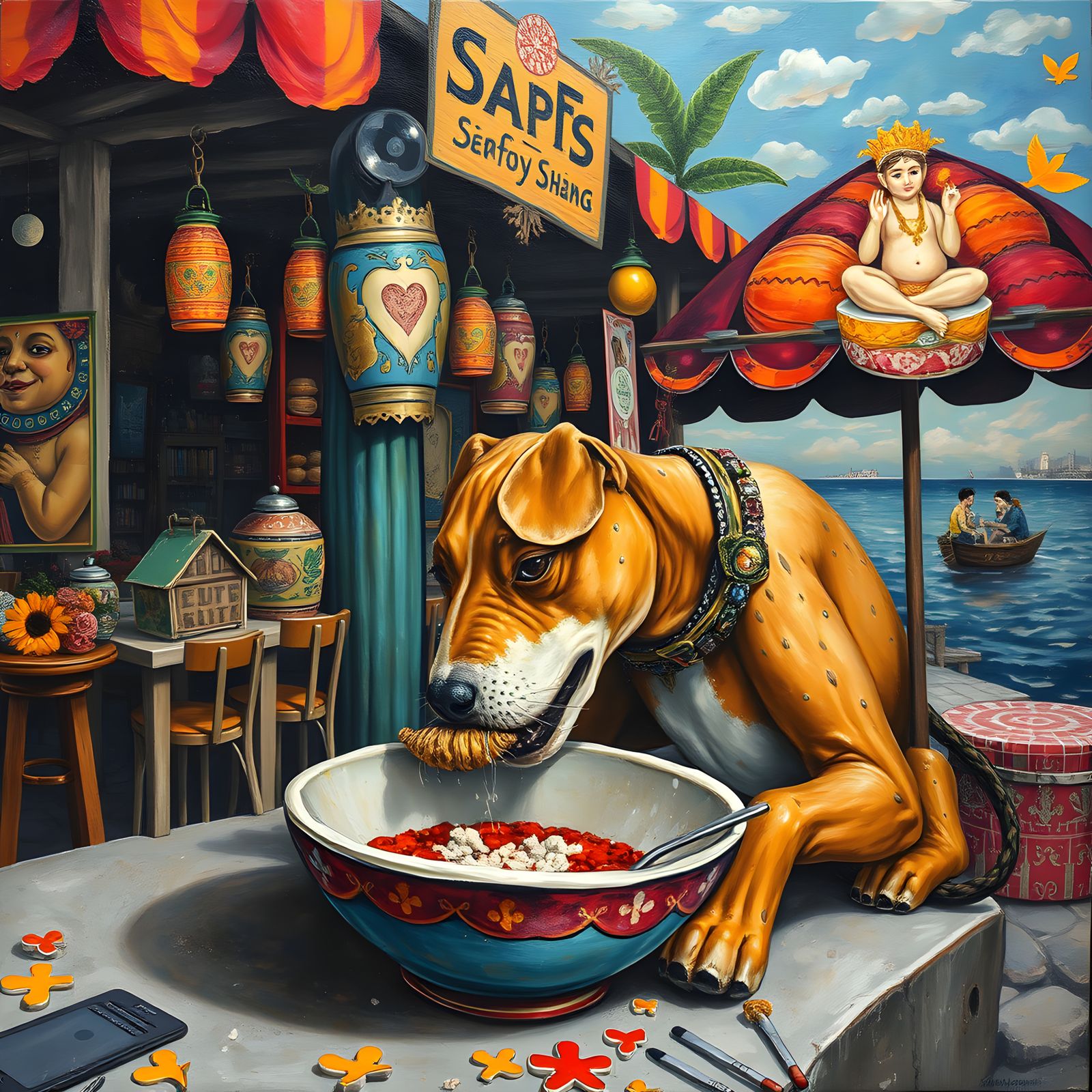 Dog at Seafood Shack: Richly Decorative Abstract Painting