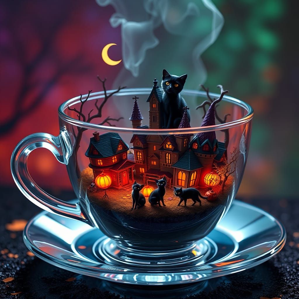 Halloween Village in Crystal Teacup: 3D Splash Art