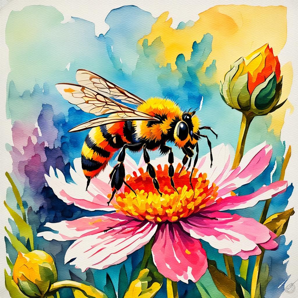Bee on Flower in Gouache Watercolor Style