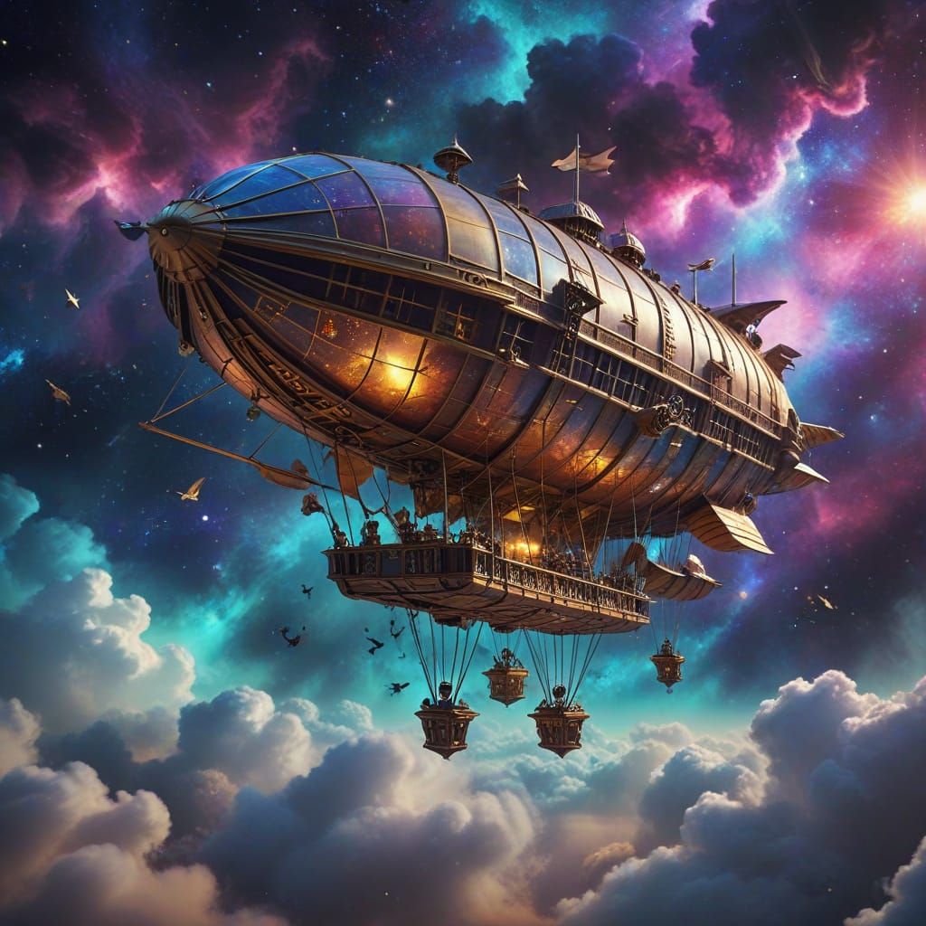 Steampunk Airship in Cosmic Nebula Papercraft Art