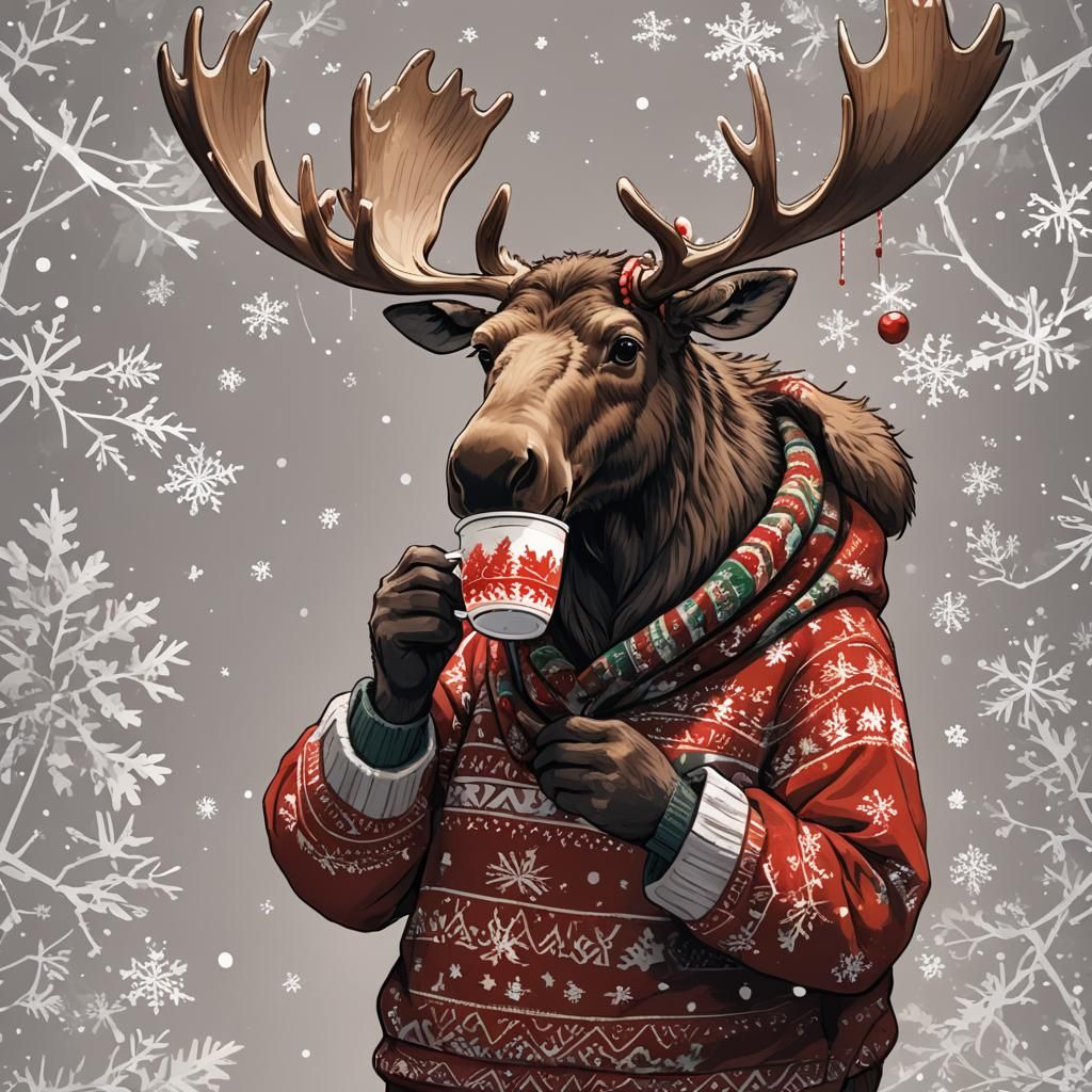Moose in Christmas Sweater, Anime Style