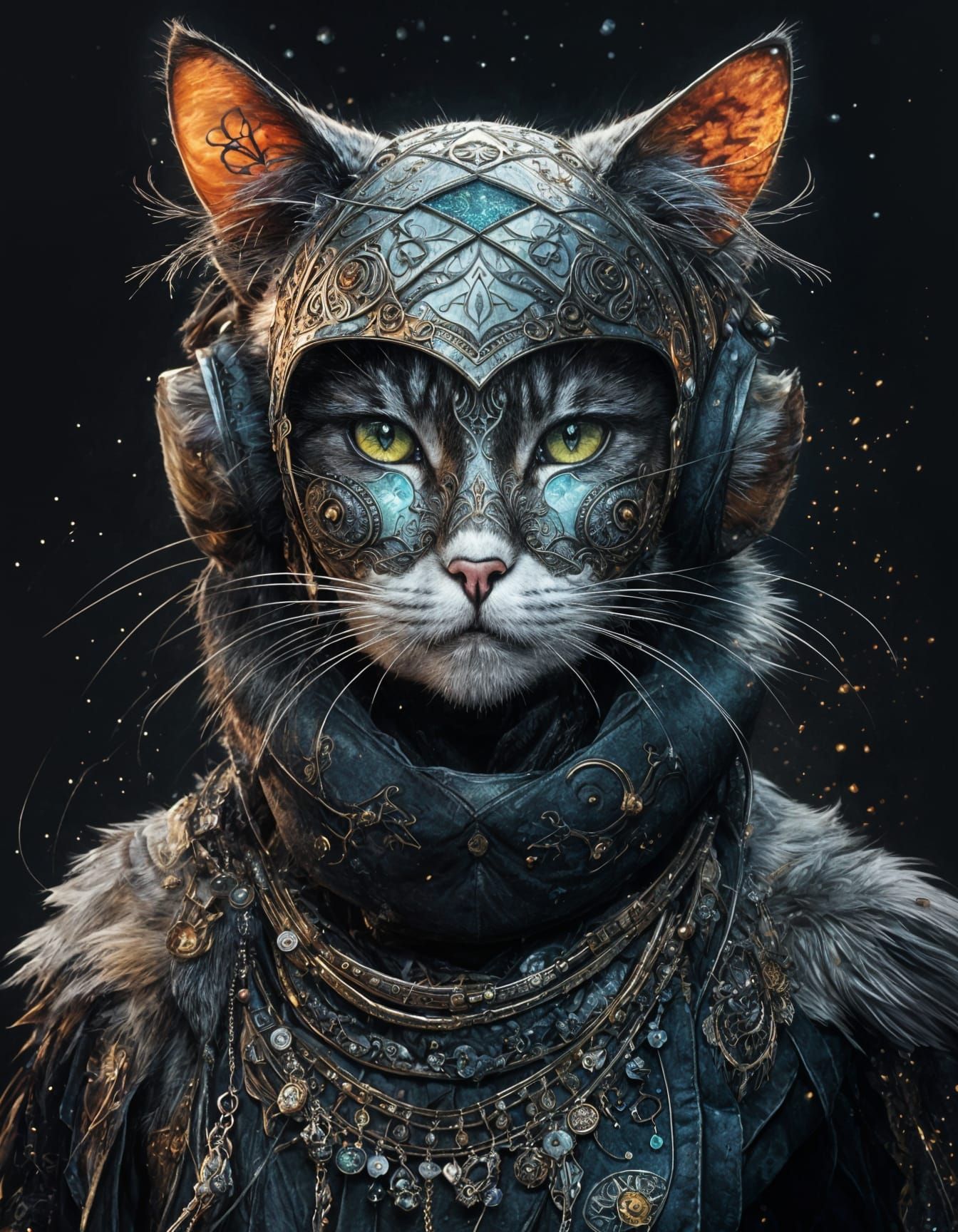 Surreal Cyberpunk Feline in Hunter Attire with Dark Mystique