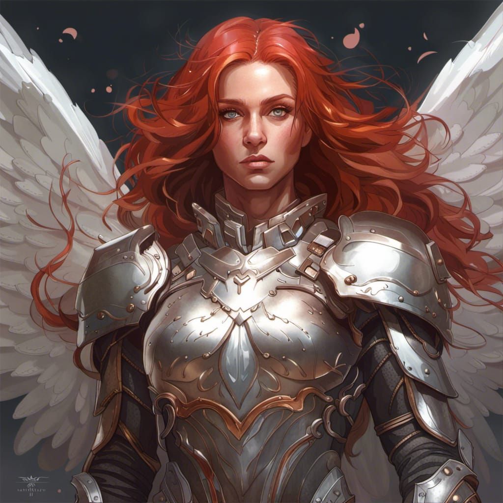 Red-Haired Angel Portrait in Silver Armor