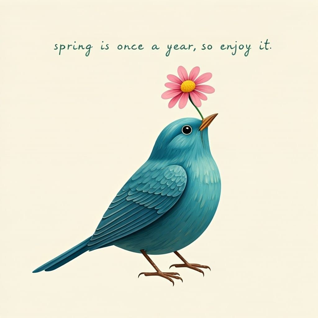 Whimsical Blue Bird in Iridescent Feathers, Surrounded by Fl...