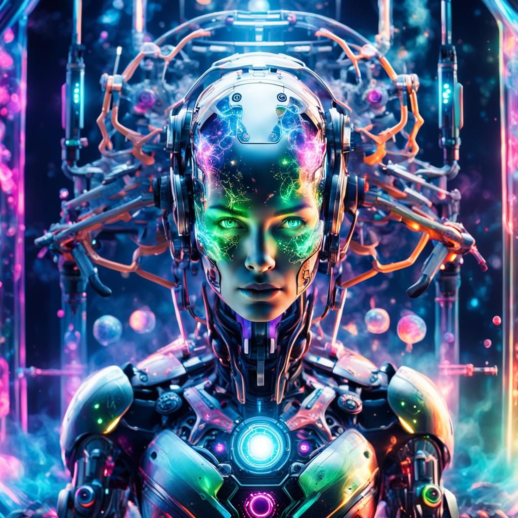 Cyborg Recharging in Psychedelic Energy Chamber