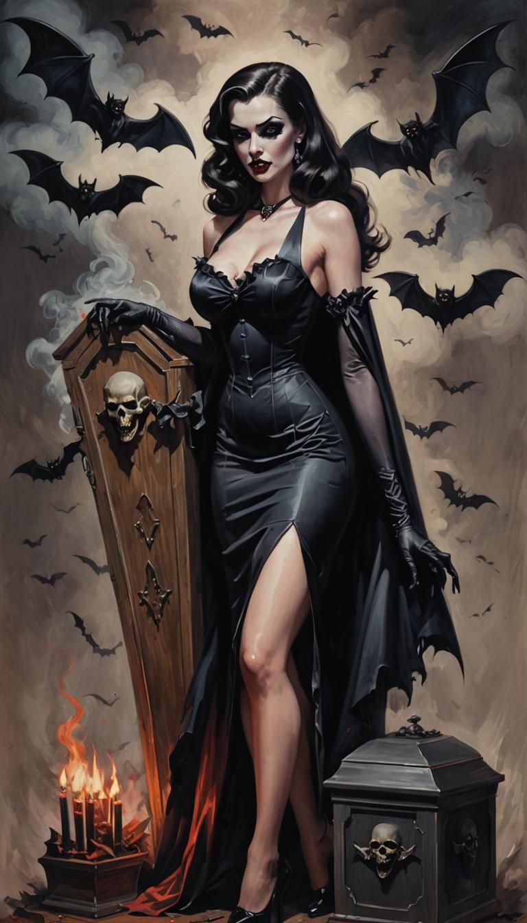 Vampire Pinup with Bats in Romantic Style