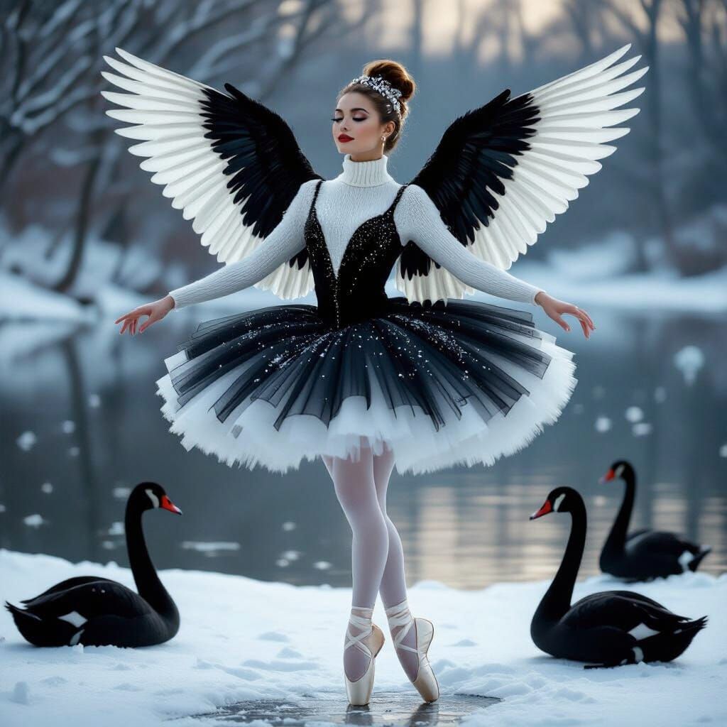Ballerina Swan Dancing on Winter Lake