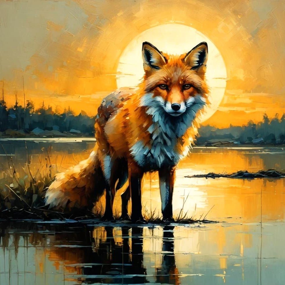 Fox by Lake at Dawn: Oil and Ink Painting