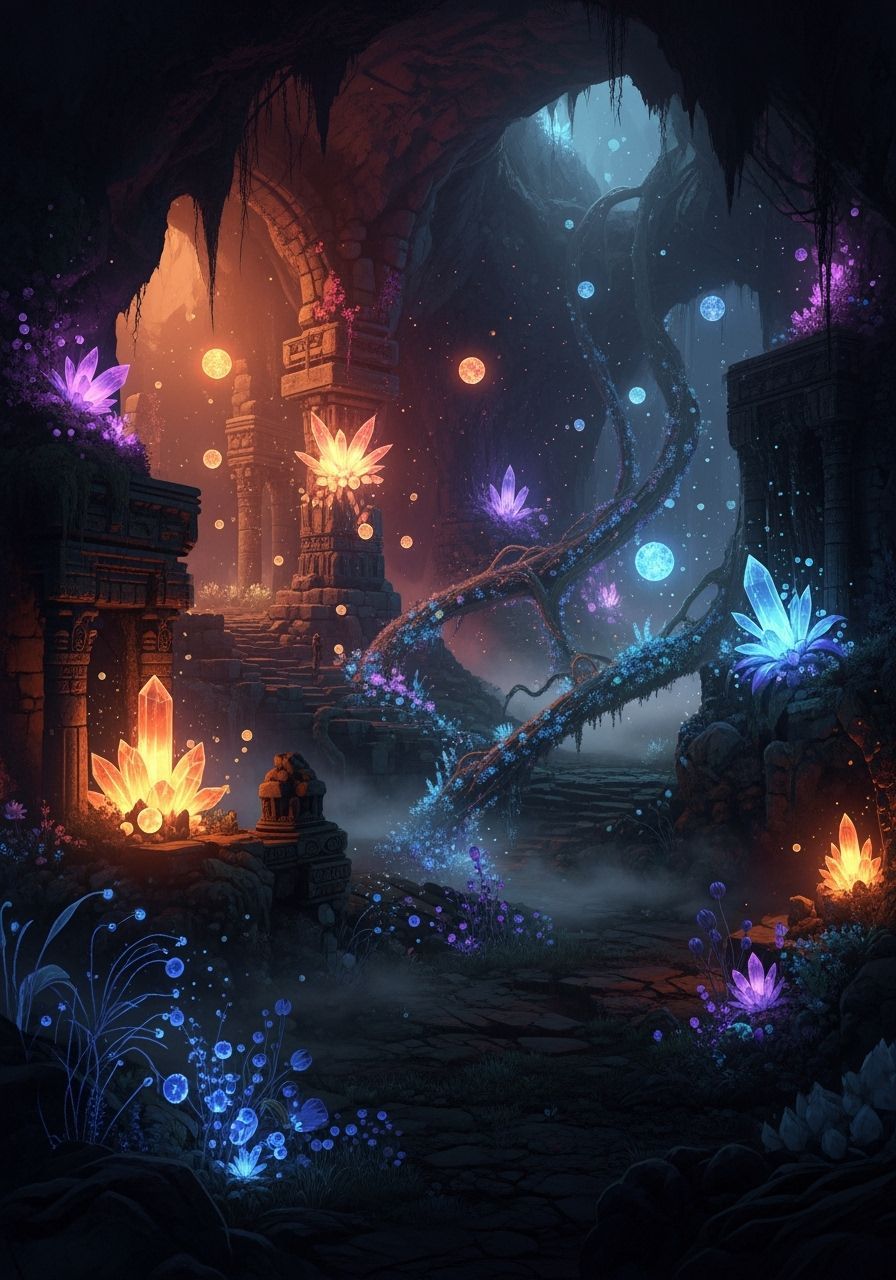 Ethereal Bioluminescent Realm with Ancient Ruins