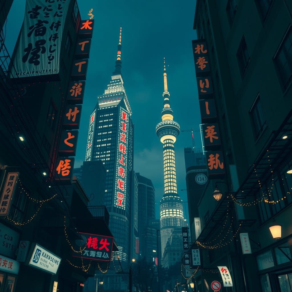 Grungepunk Cityscape Aglow with Fairy Lights