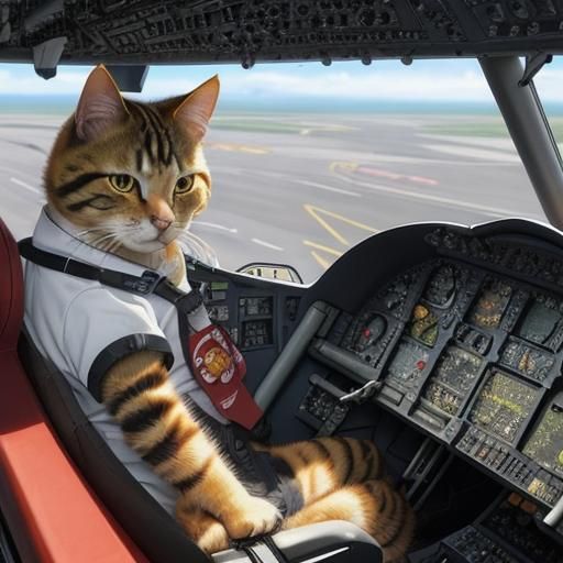 Garfield Cat in Aircraft Cockpit, Anime Style