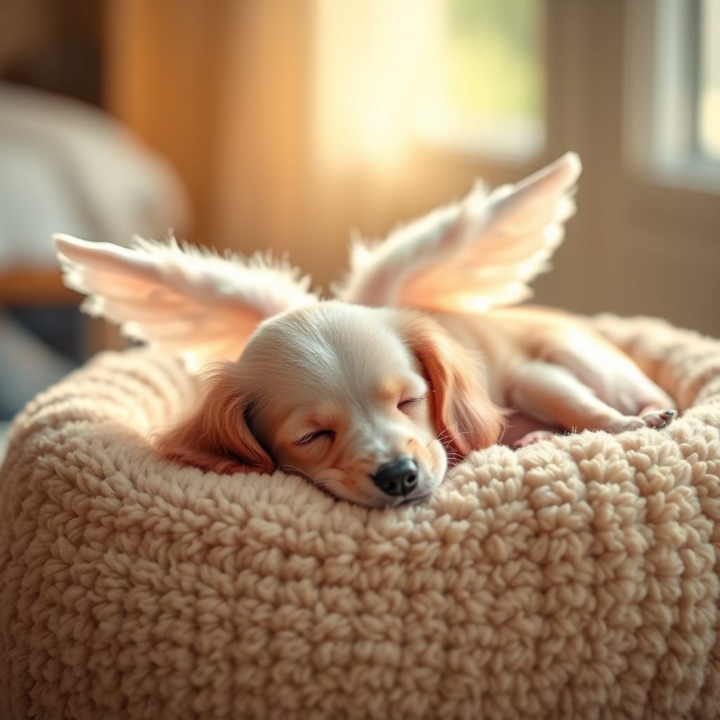 Serene Pale Pink Dachshund Puppy with Angel Wings in Soft Fo...